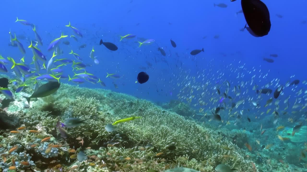 充满活力的水下珊瑚礁有各种各样的鱼类视频素材