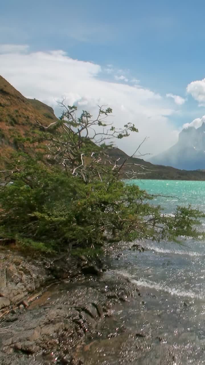 在一个晴朗的日子里，宁静的湖泊被山脉和绿色环绕视频素材