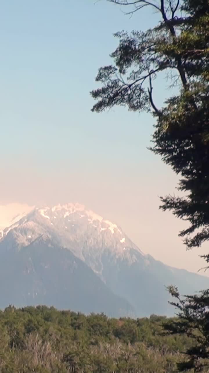 宁静的山景，雪峰和郁郁葱葱的前景视频素材