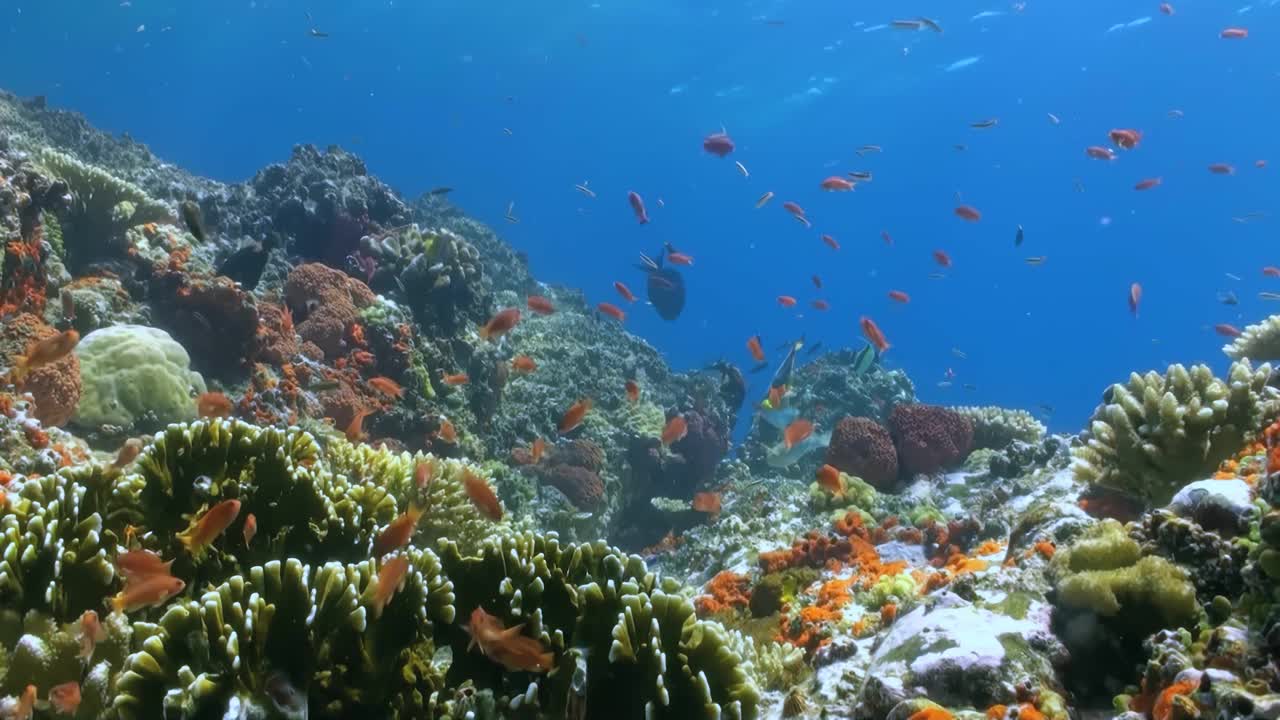 有许多鱼在周围游来游去的五颜六色的礁石视频素材