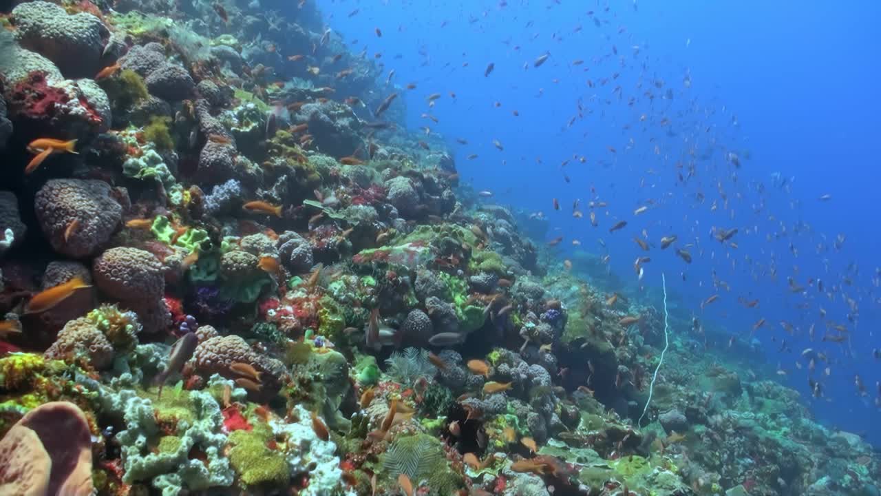 珊瑚礁里到处都是鱼和其他海洋生物视频素材