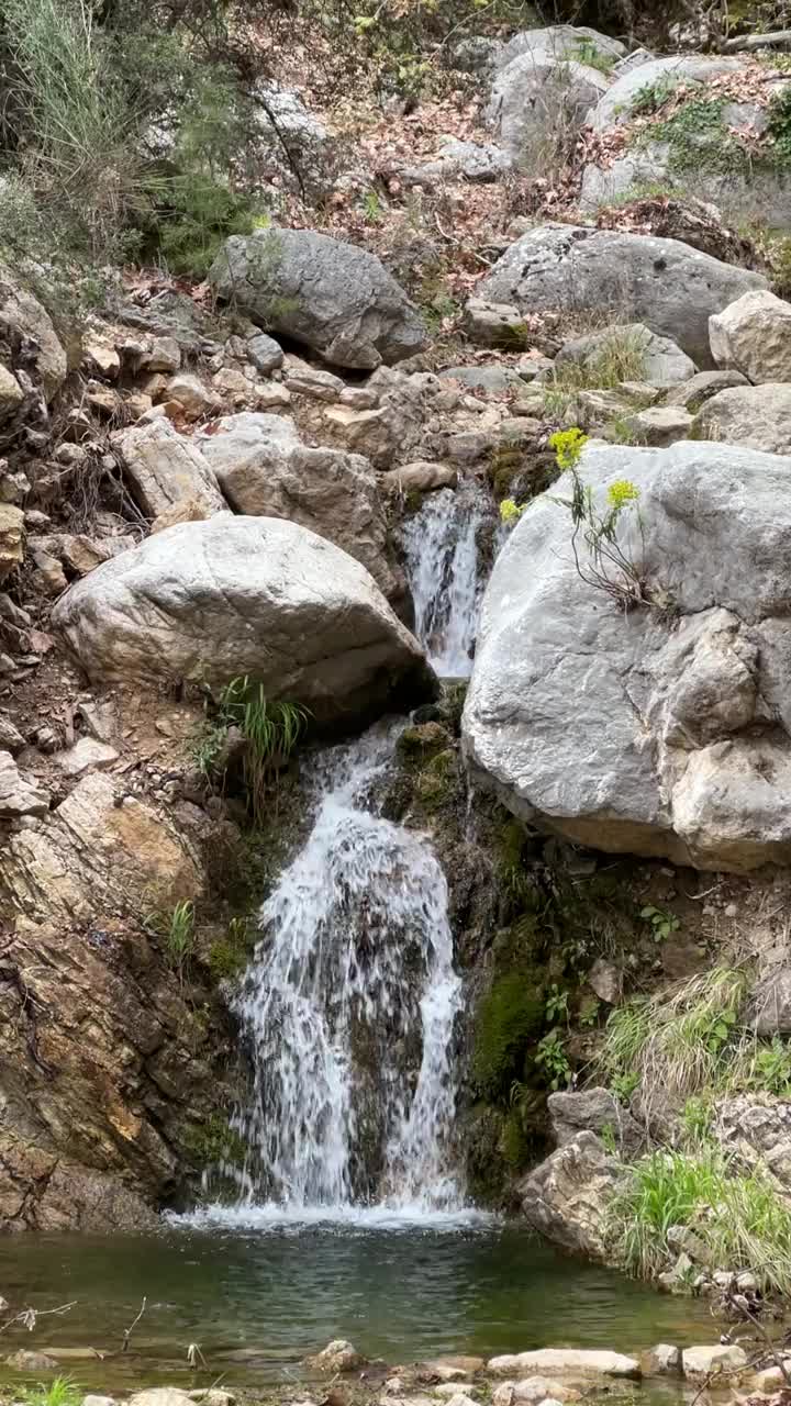 岩石间的小瀑布。一个小的山瀑布的垂直视频视频下载