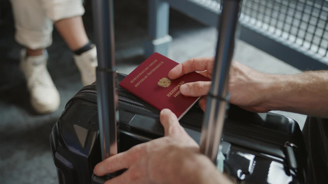 在机场等候。持欧洲护照候机的旅客。旅行用个人物品、行李或手推车。航班延误。无聊的人不耐烦地等待着。欧盟视频素材