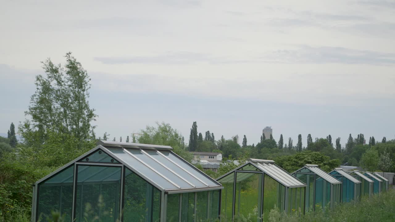 多云的天空下郁郁葱葱的一排温室，营造出一种宁静的乡村或郊区农业氛围视频素材