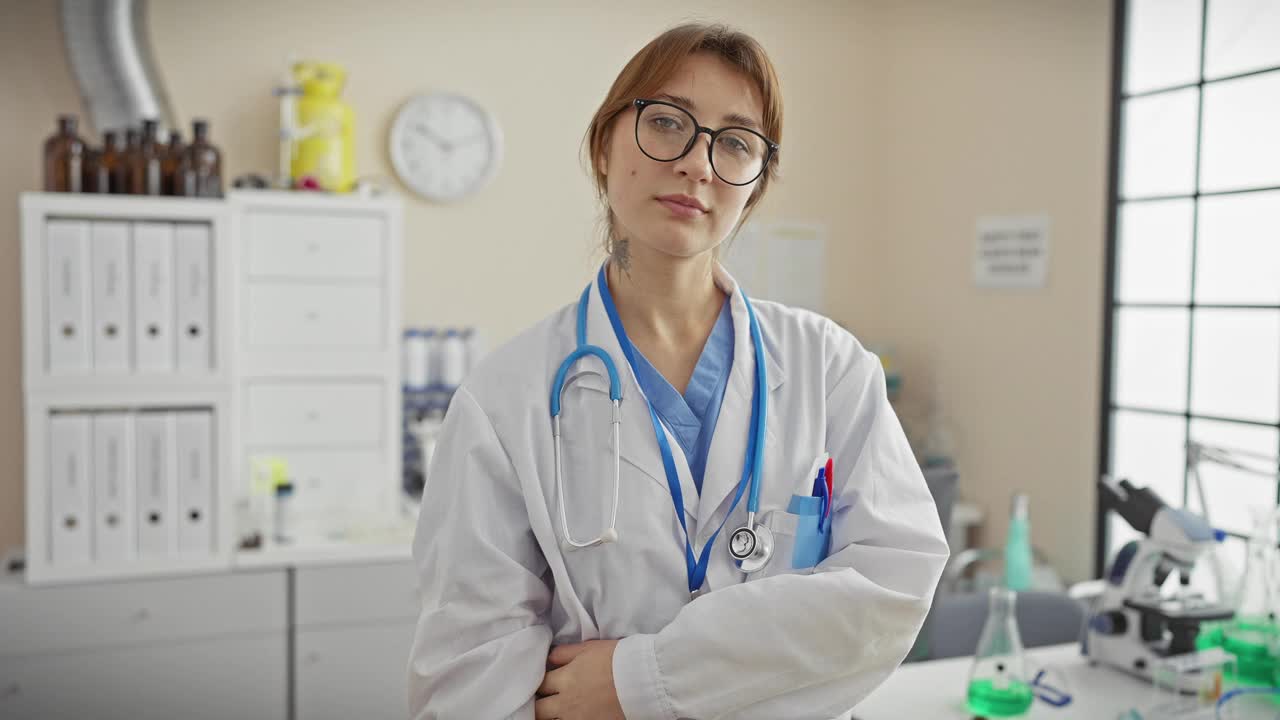 自信的年轻女医生穿着白大褂，在诊所拿着听诊器视频素材