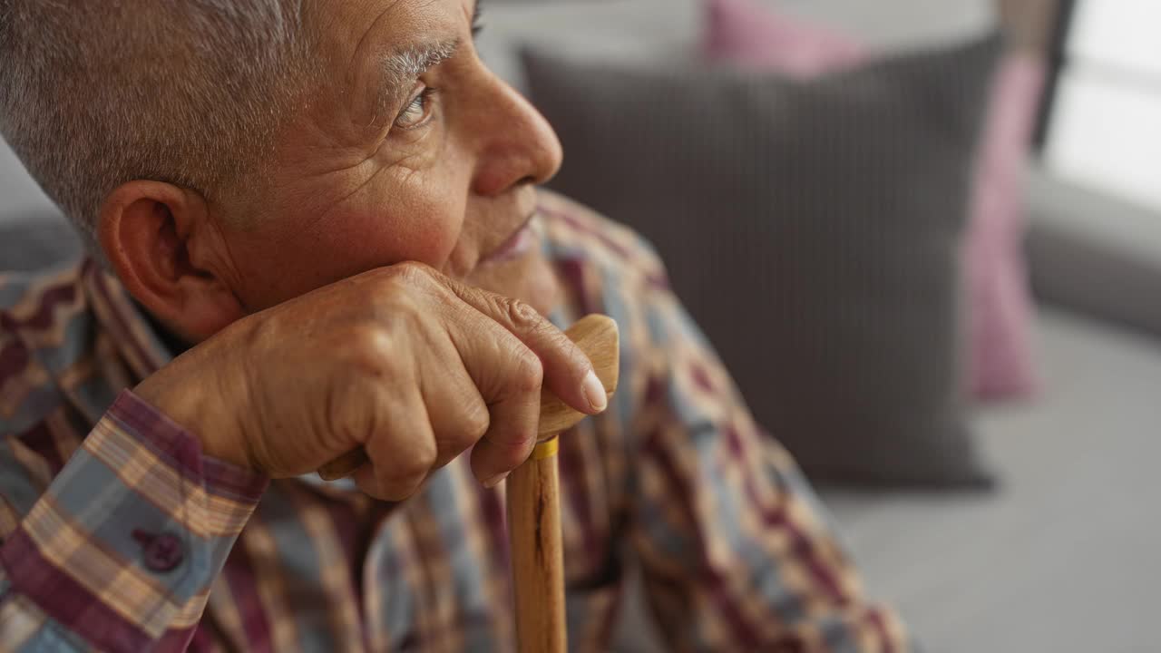 一位身穿格子衬衫、头发花白的西班牙人若有所思，在一间舒适的客厅里拄着拐杖休息，客厅里有灰色和粉色的靠垫。视频素材