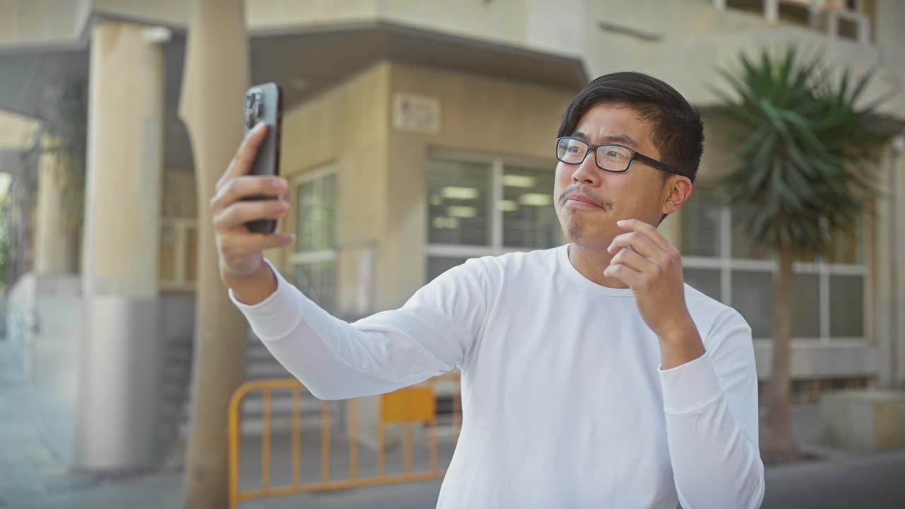 一名戴着眼镜的年轻亚洲男子在阳光明媚的城市街道上自拍，并做出胜利的手势。视频素材