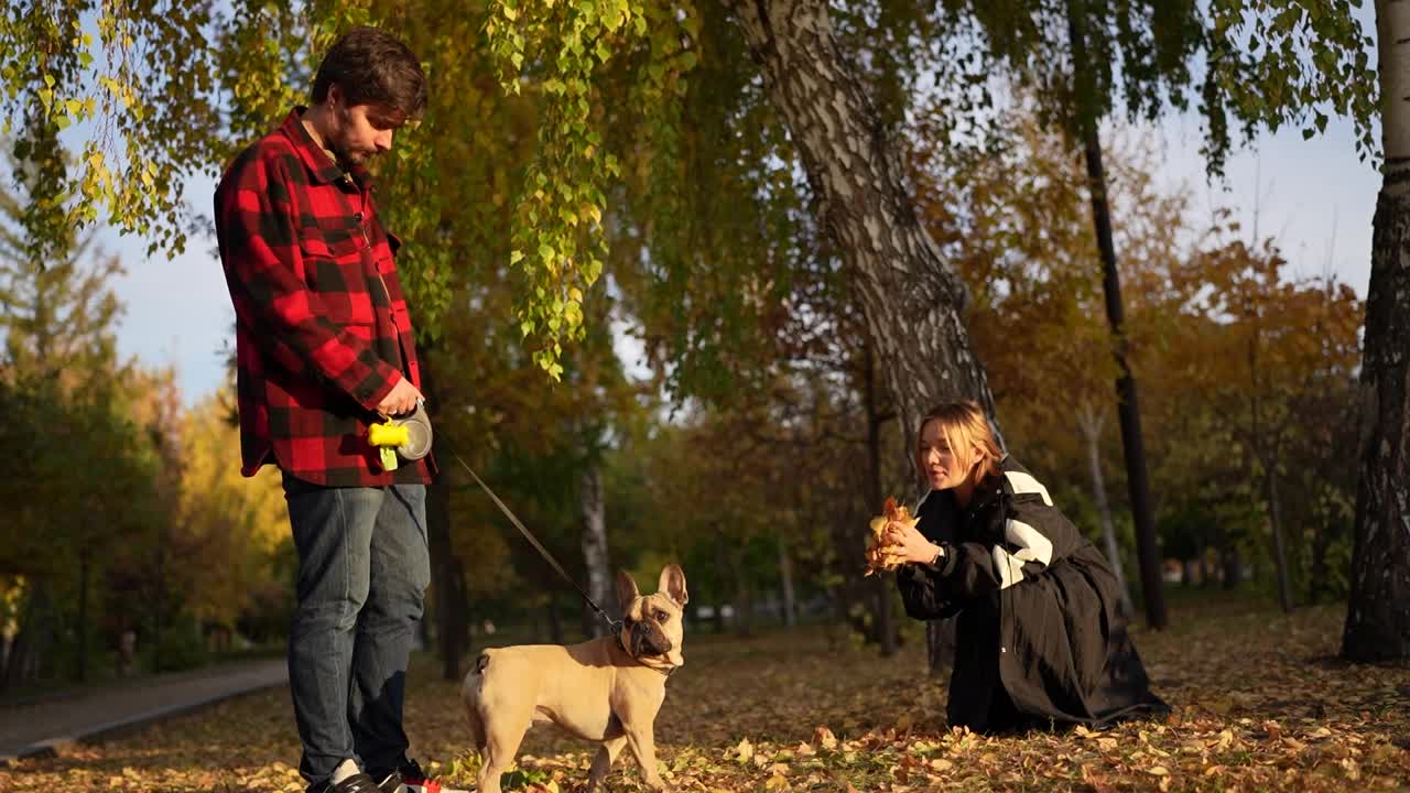 秋天，一个男人在户外遛狗，而一个女人在公园里拍照视频素材