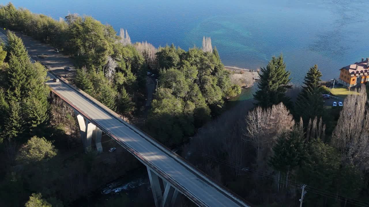 湖上山桥鸟瞰图
科伦托索河上的桥- Villa La Angostura- Neuquen-阿根廷视频素材