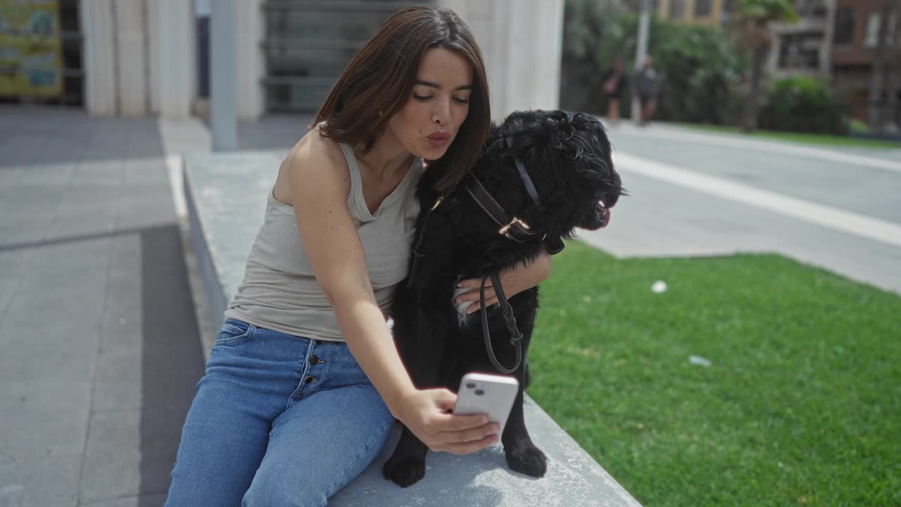 年轻的西班牙女子和她的黑色拉布拉多犬在城市公园自拍，一起享受户外的下午。视频素材