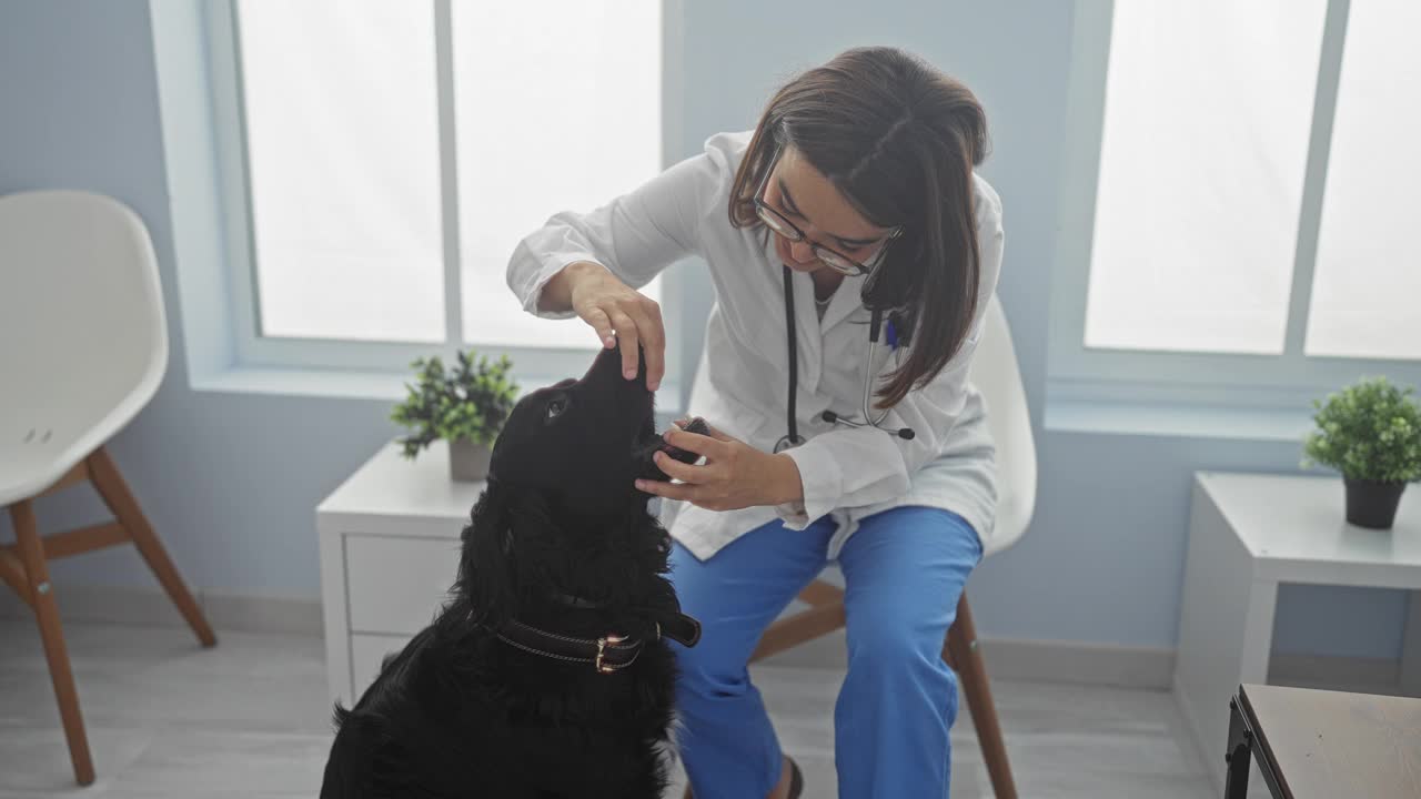 一位女兽医在现代的兽医诊所里检查一只黑色的拉布拉多犬，那里有植物和白色的家具。视频素材