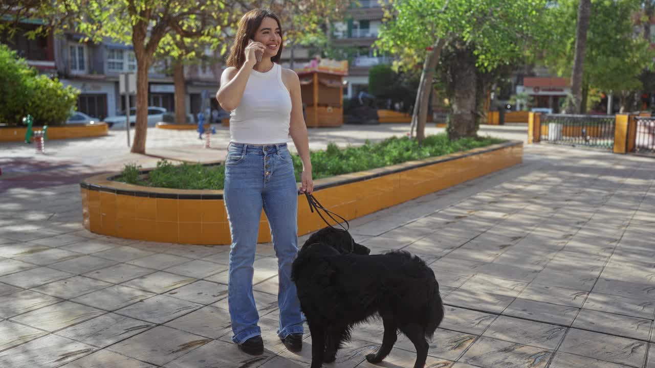 在一个阳光明媚的日子里，一位年轻女子在城市公园遛她的拉布拉多犬时打电话。视频素材