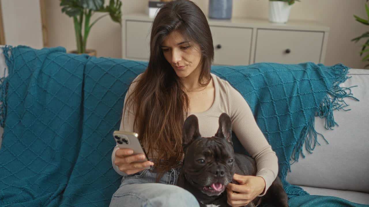 一位年轻的西班牙女子和她的法国斗牛犬坐在客厅里，使用智能手机。视频素材