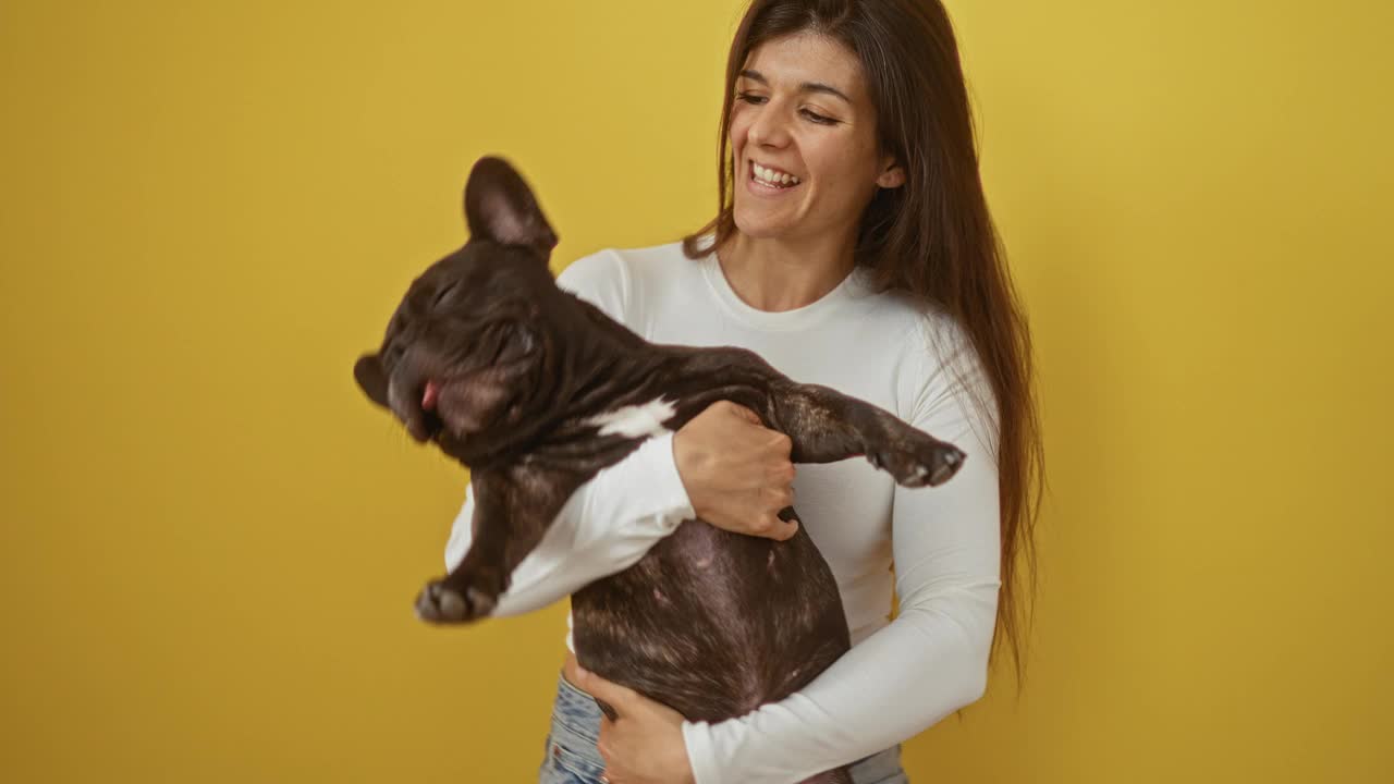 一个年轻的西班牙女子抱着一只法国斗牛犬，在一个孤立的黄色背景下，微笑着享受着明亮的环境。视频素材