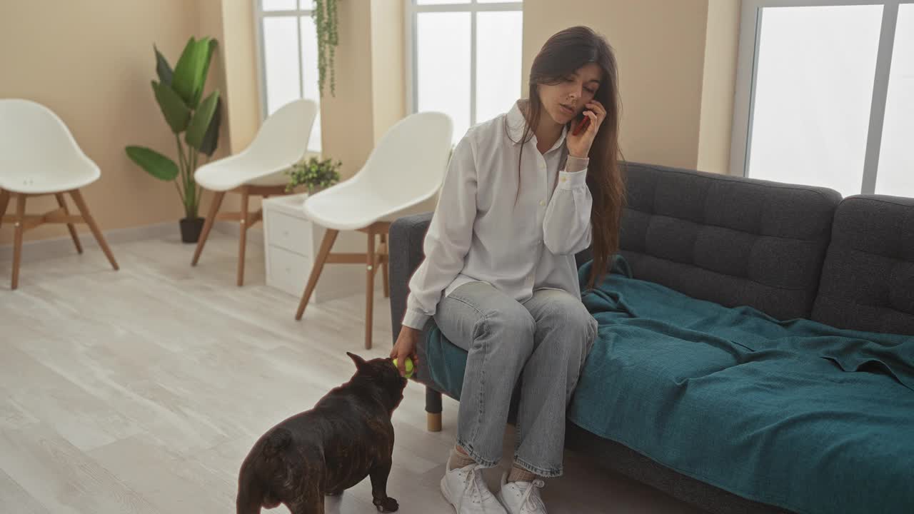 一位年轻女子在现代客厅里一边打电话一边和她的法国斗牛犬玩耍。视频素材