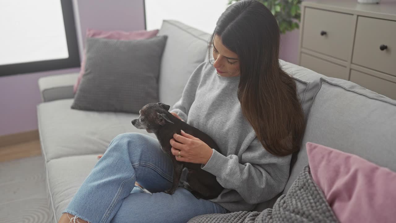 一位年轻女子在舒适的客厅里深情地抱着一只吉娃娃，这是家中陪伴和舒适的典范。视频素材