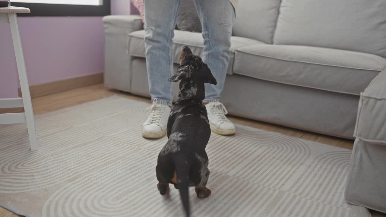 男人在室内奖励细心的腊肠犬视频素材