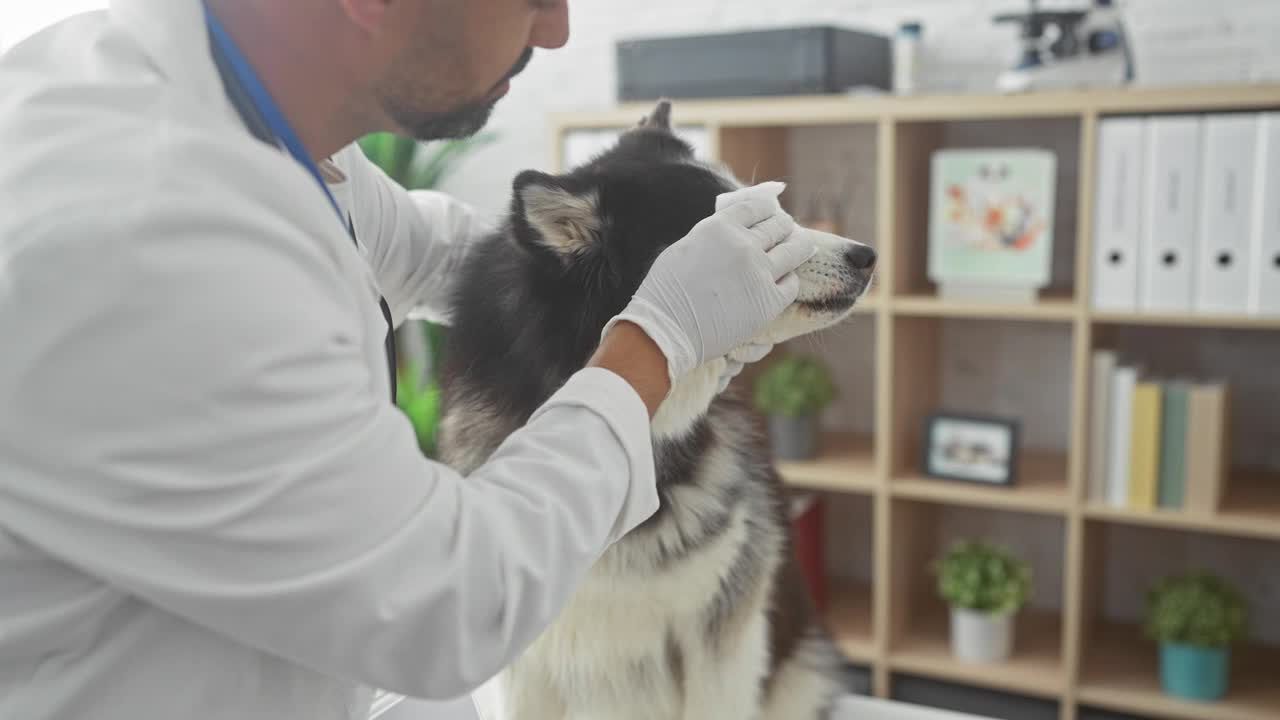 西班牙裔男性兽医在诊所检查哈士奇犬。视频素材