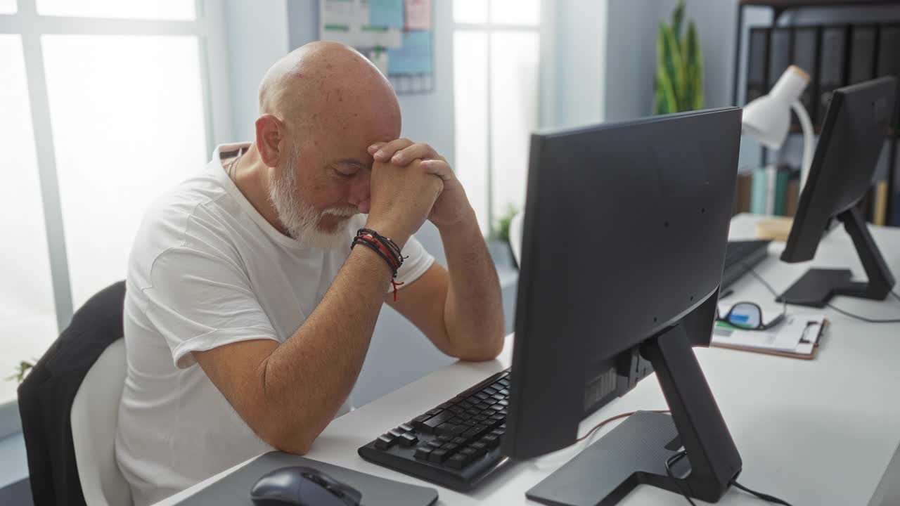 一个在办公室里用电脑工作的人，脸上带着若有所思的表情视频素材