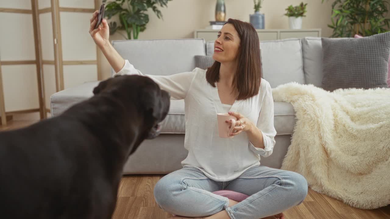 年轻女子和她的宠物拉布拉多犬在舒适的城市客厅里享受美好时光，用她的手机捕捉这一刻。视频素材