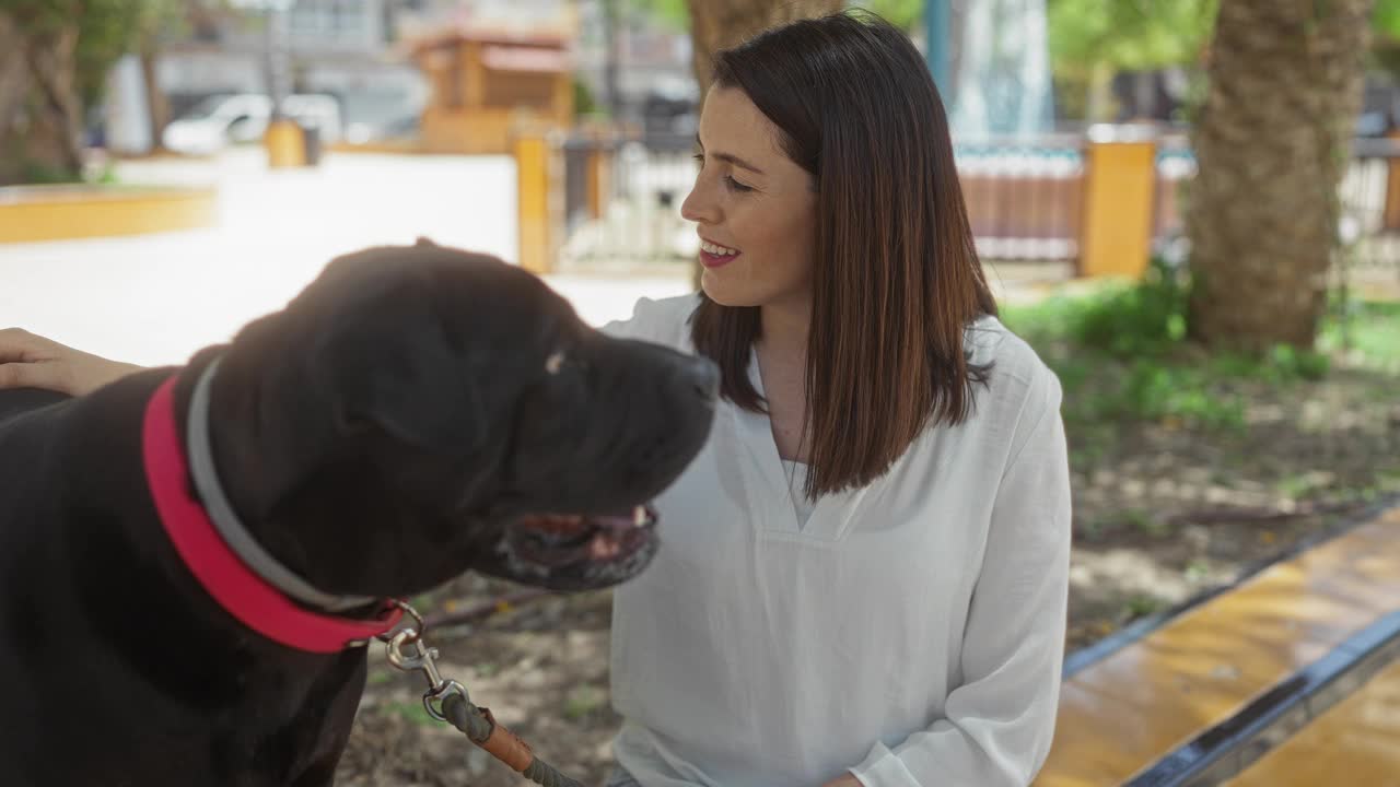 在城市公园里，一位年轻的西班牙女子和她的黑色拉布拉多犬坐在户外，指着什么东西，愉快地互动着。视频素材