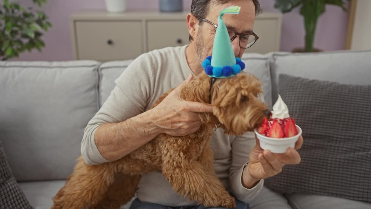 一位中年男子在家里和他的贵宾犬一起庆祝，并提供了一顶派对帽和甜点。视频素材