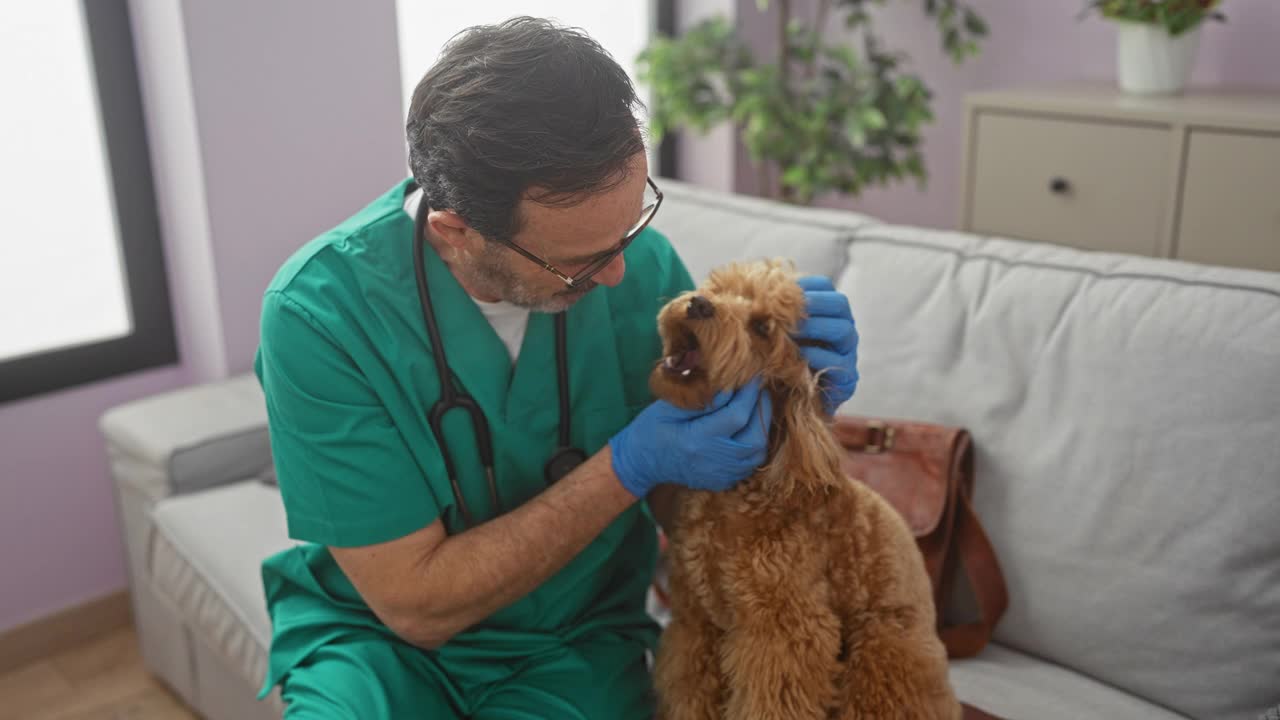 一个穿着手术服的中年男子在客厅的沙发上检查一只贵宾犬。视频素材