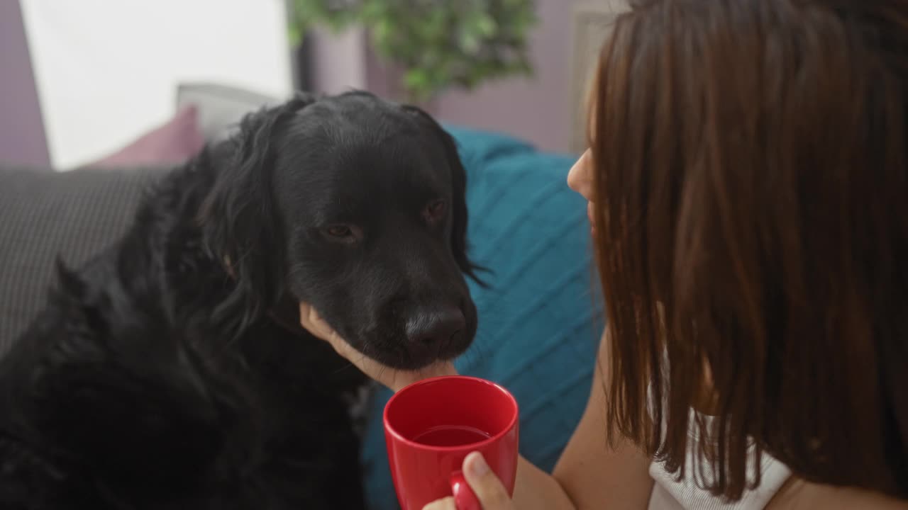 在舒适的客厅里，一位棕色头发的年轻女子捧着一只红色的马克杯，抚摸着一只黑色的拉布拉多犬。视频素材