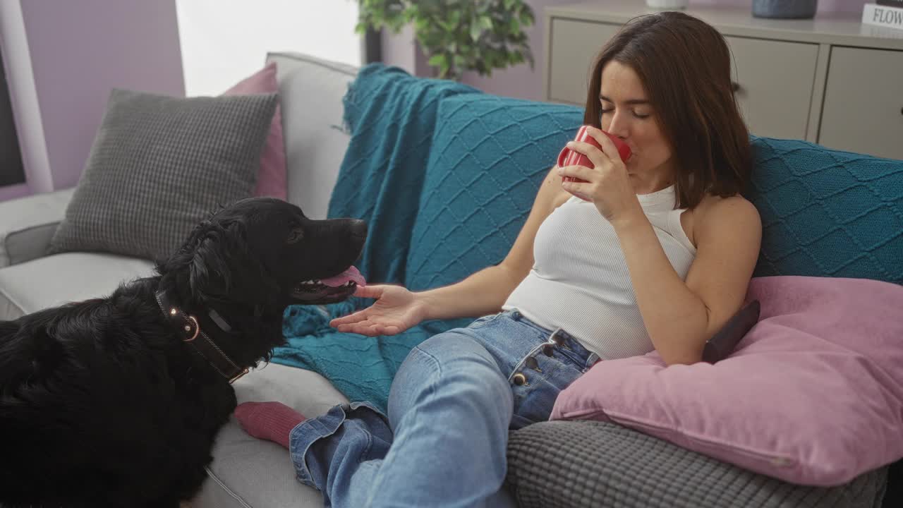 一个年轻的女人和她的宠物拉布拉多犬在舒适的客厅里放松，享受着一杯咖啡。视频素材