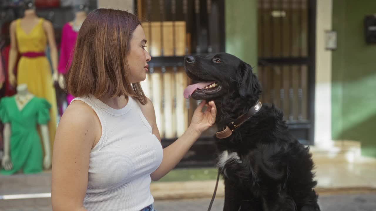 年轻的西班牙妇女在城市街道上抚摸着一只快乐的拉布拉多犬，背景是店面的人体模型。视频素材