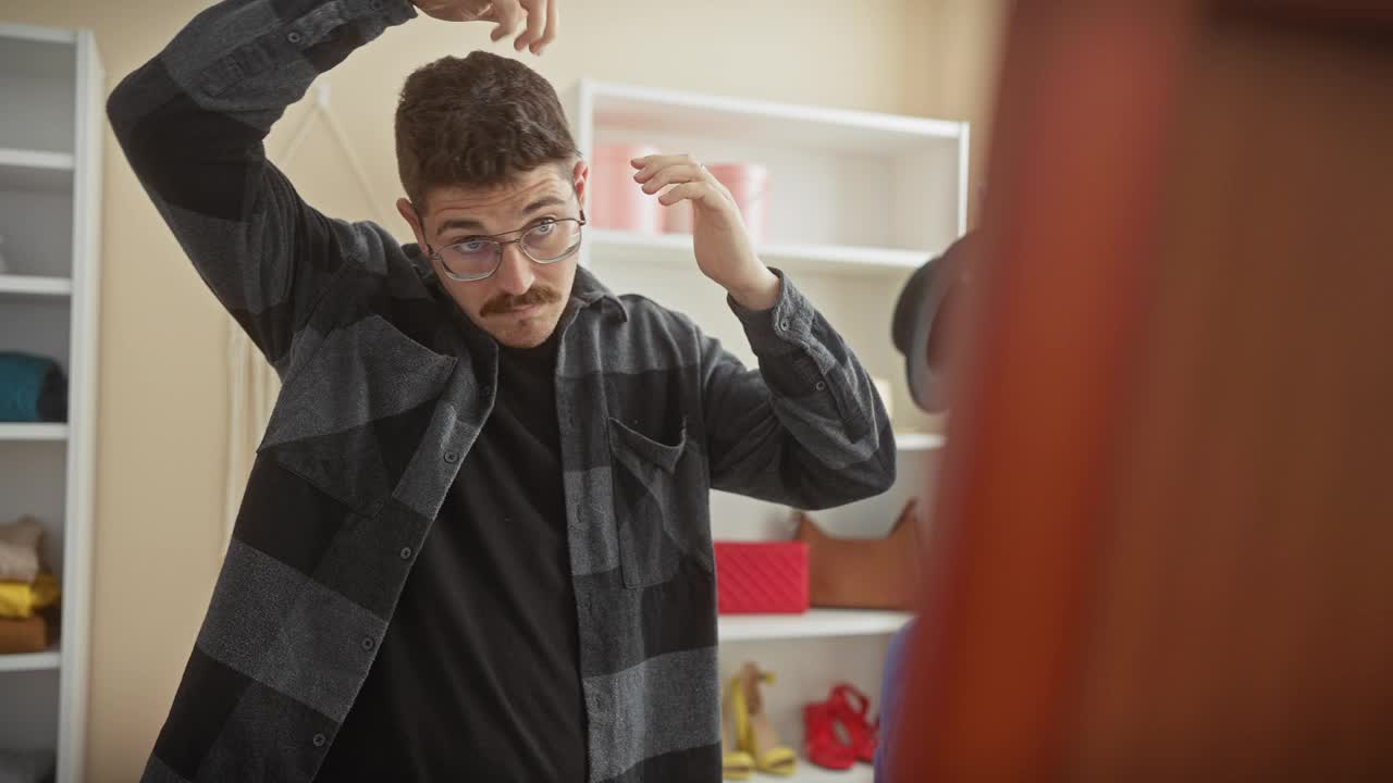 一个年轻的成年男子在一个有架子和衣服的房间里做发型视频素材