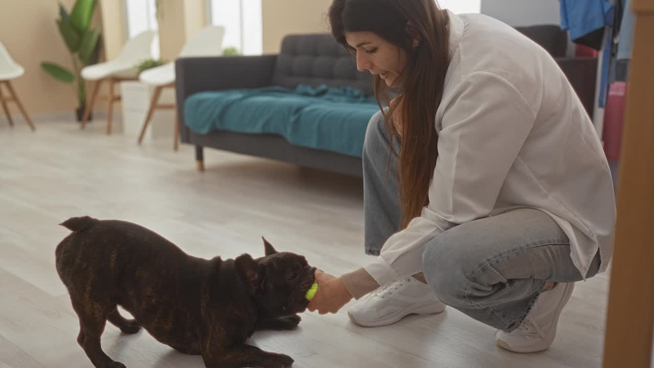 一位年轻女子在现代的客厅里和她的法国斗牛犬玩耍，展示了一个舒适的家庭环境。视频素材