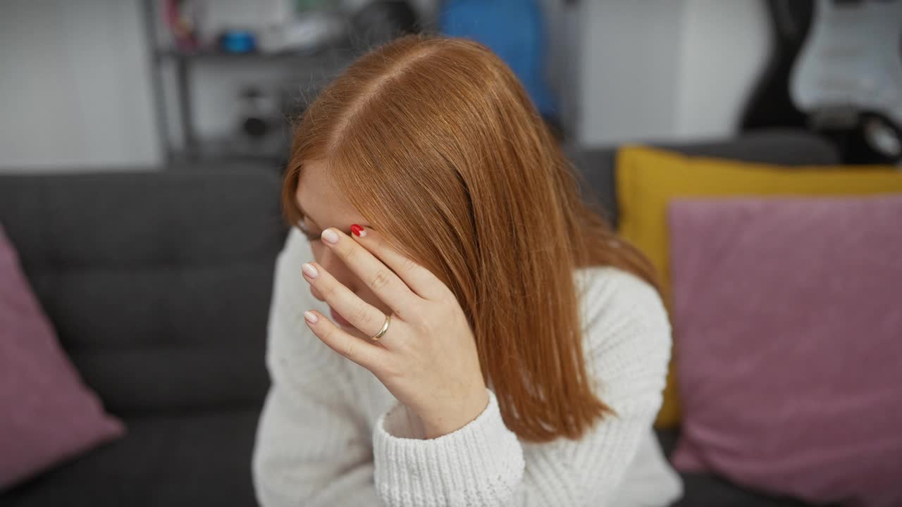 在一间现代客厅里，一位心烦意乱的年轻女子用手遮住脸，表达悲伤或压力。视频素材