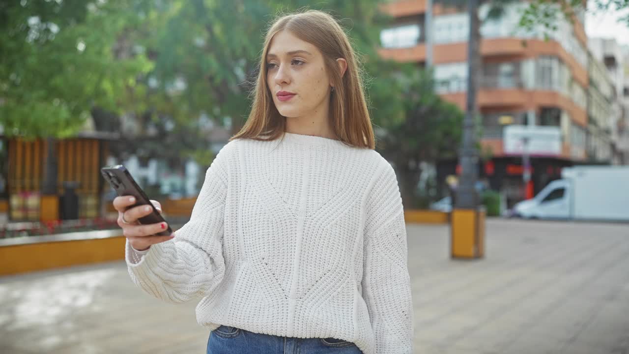 穿着便服在城市户外使用智能手机的微笑女子。视频素材