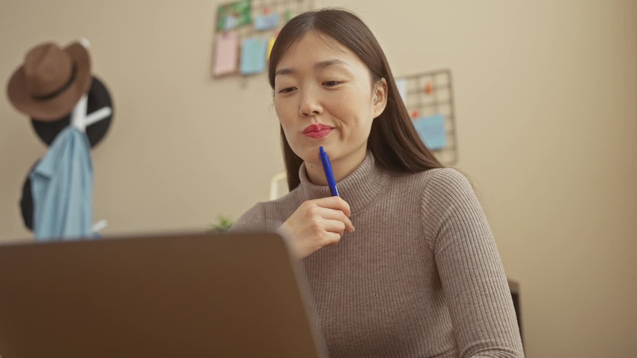 在一个舒适的公寓里，一个沉思的亚洲女人在家里的办公室里拿着一支笔，反映出高效率和平静。视频素材