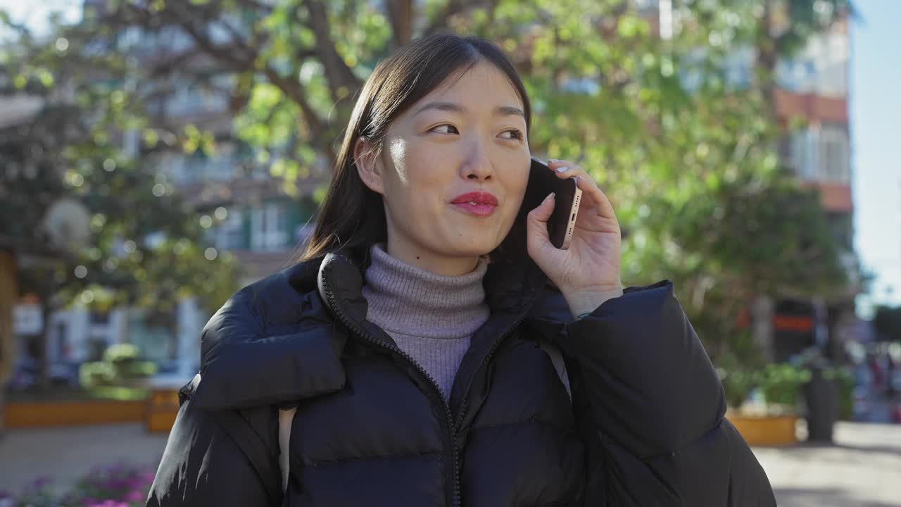 一位年轻的亚洲女子在阳光明媚的城市公园里打电话，展示了现代城市生活和科技的使用。视频素材