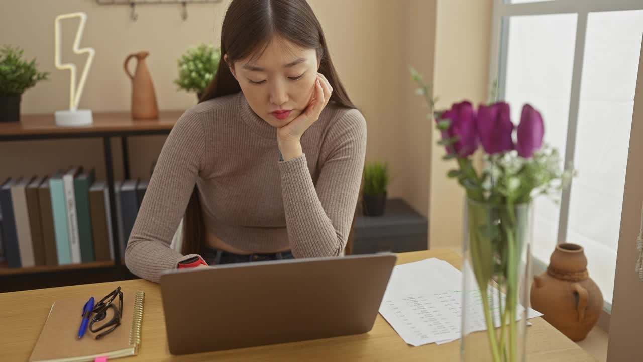 一位年轻的亚洲女性在光线充足、舒适的室内用笔记本电脑工作时显得很疲惫。视频素材