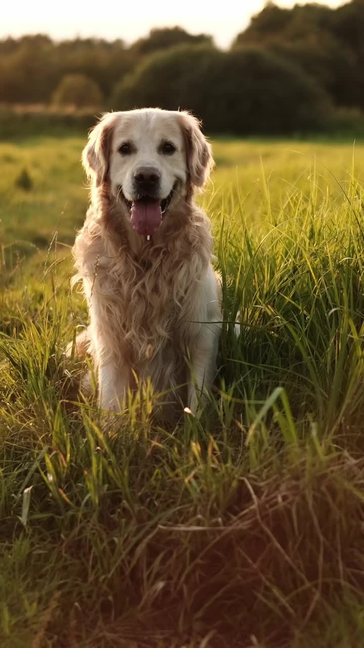 可爱的金毛猎犬在日落时分跑在田野上视频素材