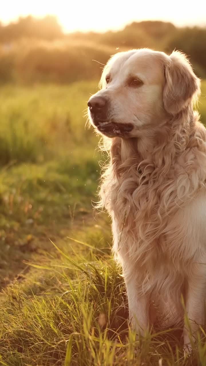 快乐的金毛猎犬在日落时分的田野里视频素材