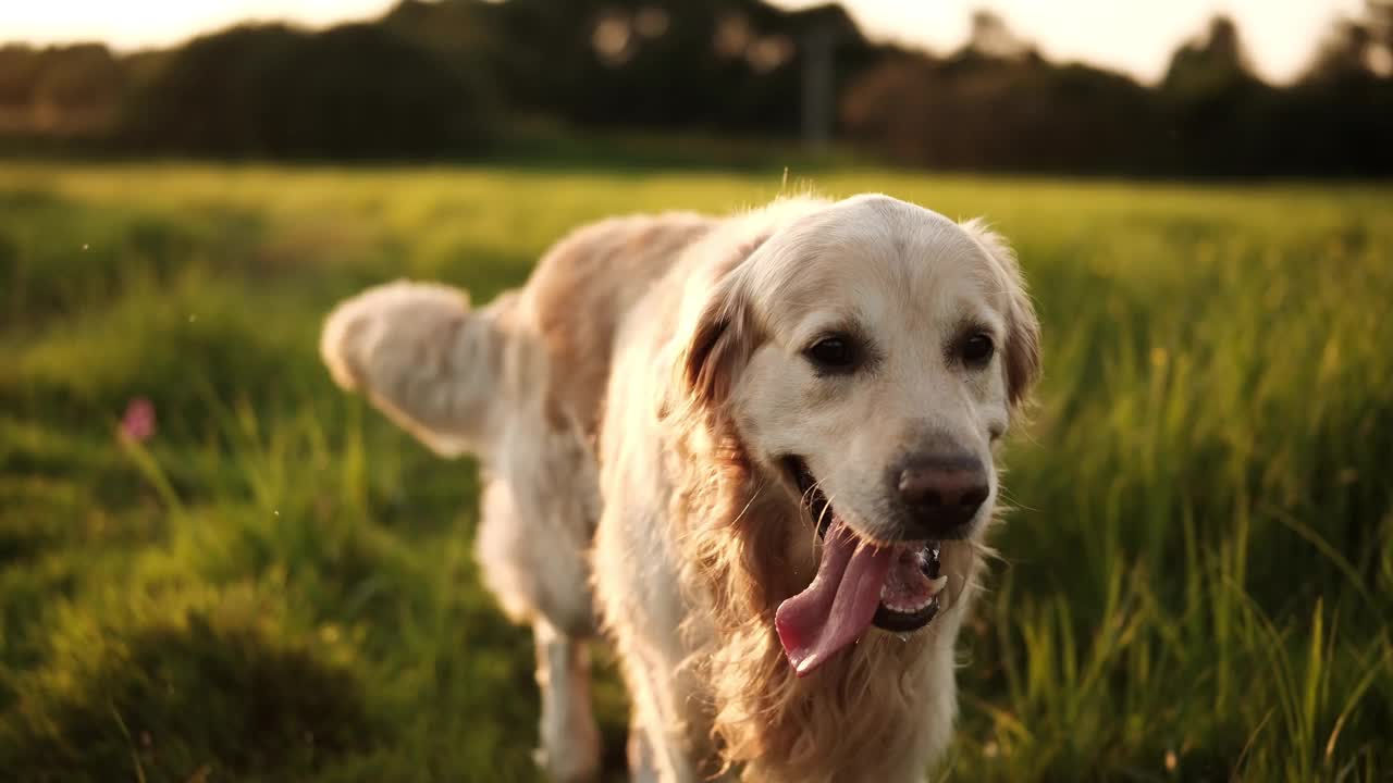 可爱的金毛猎犬在日落时分走在田野上视频素材