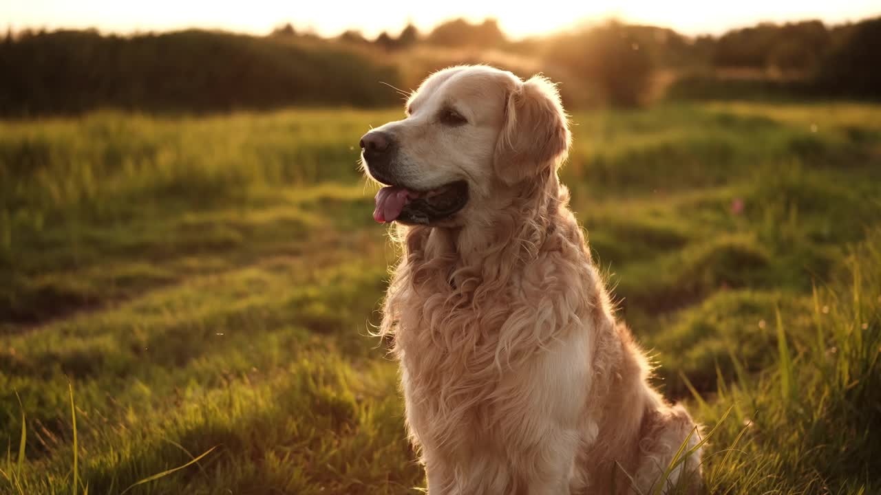 日落时分可爱的金毛猎犬视频素材