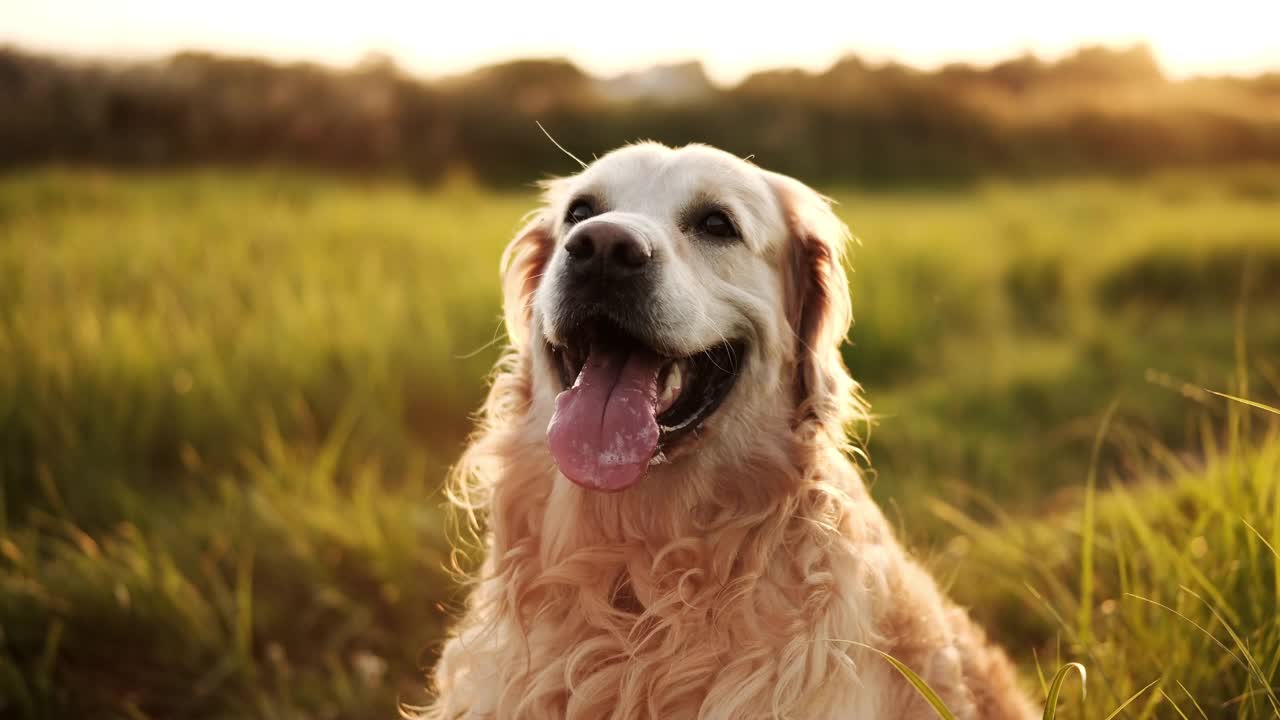 快乐的金毛猎犬在日落时分的田野里视频素材