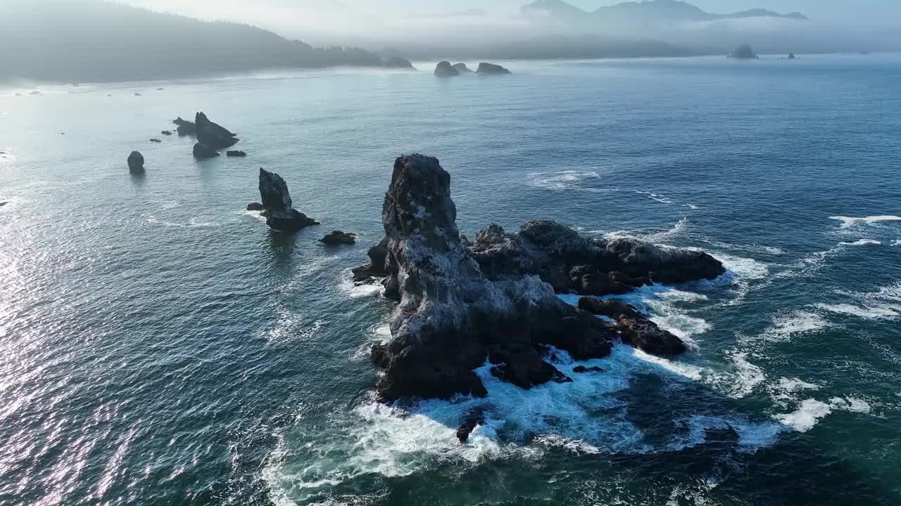 崎岖的海蚀柱鸟瞰图沿着风景秀丽的俄勒冈海岸视频下载