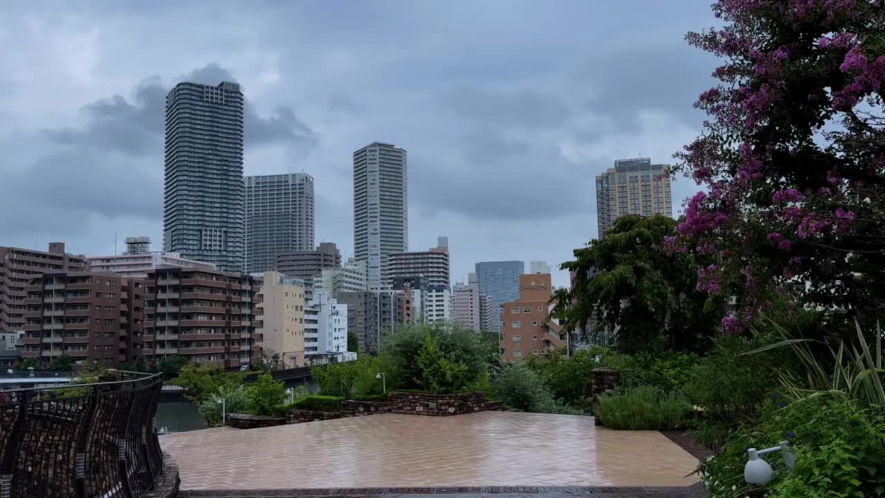 东京晴美阴天的景色，前景是摩天大楼和郁郁葱葱的绿色植物视频素材