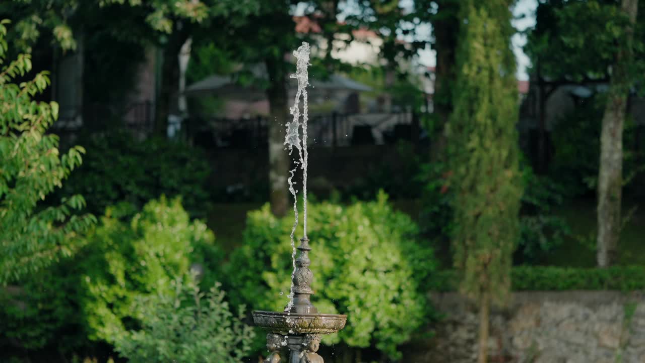 优雅的喷泉，水向上喷溅，与郁郁葱葱的绿叶花园相映成趣视频素材