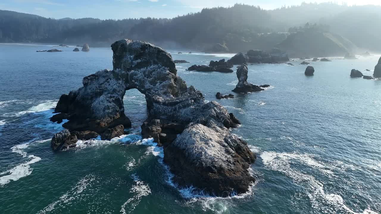 崎岖的海蚀柱鸟瞰图沿着风景秀丽的俄勒冈海岸视频下载