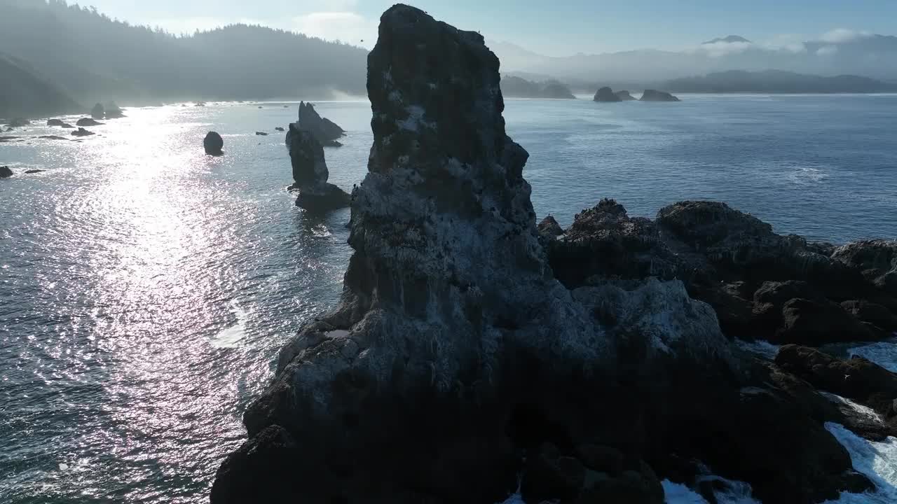 崎岖的海蚀柱鸟瞰图沿着风景秀丽的俄勒冈海岸视频下载