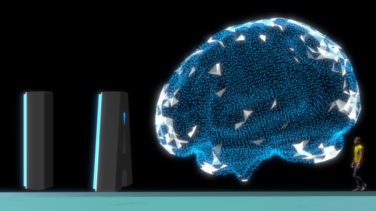 成年男子行走在虚拟环境与巨大的字母AI在3D。视频下载