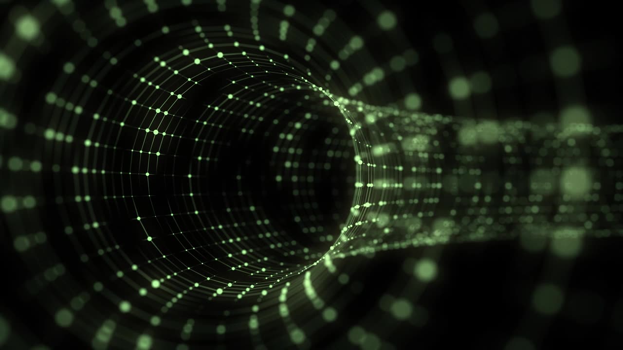 抽象科幻绿色隧道。虫洞吸收网络空间。3D传送门。未来奇幻高科技漏斗。3D渲染。视频素材画面1