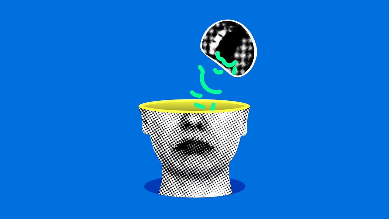 心理健康概念。悲伤的女人和尖叫的嘴。心理治疗。人们的批评。拼贴动画视频素材画面2